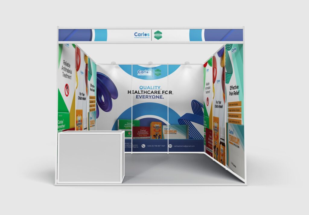 3D mockup of the Carlos Pharmaceuticals exhibition booth