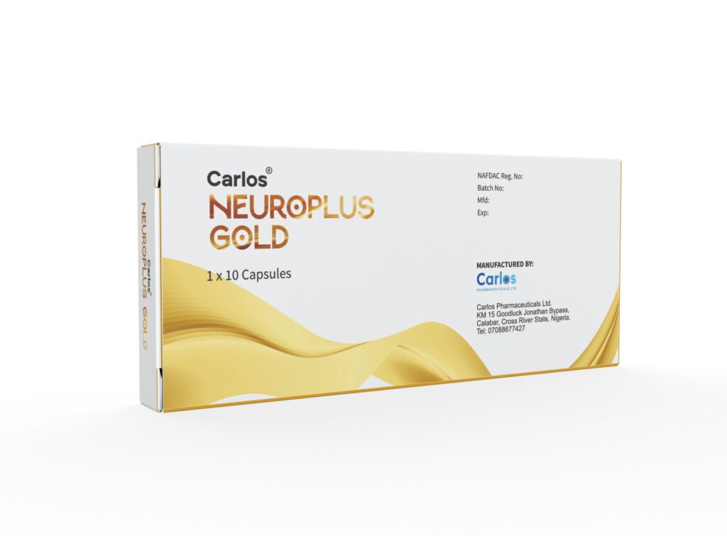 Carlos NeuroPlus Gold capsule carton with gold wave graphic