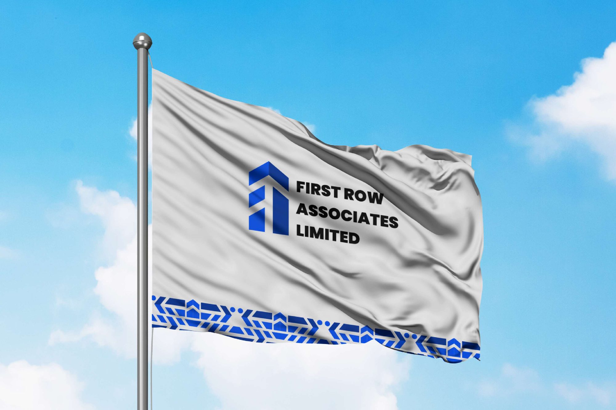 First Row Associates logo and pattern on a flag against the sky