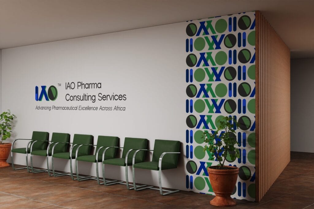 IAO Pharma reception wall with the logo, tagline and full-height brand pattern panel