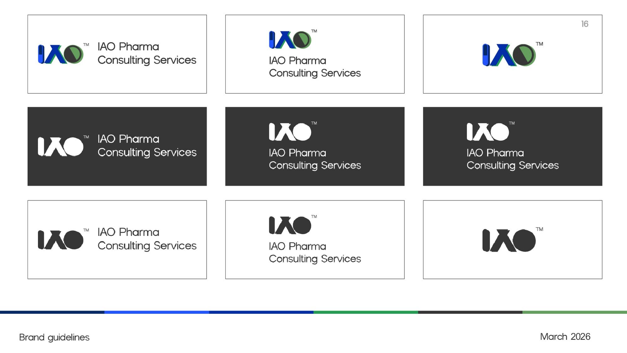 Brand guidelines page showing the IAO logo lockups on white and dark backgrounds