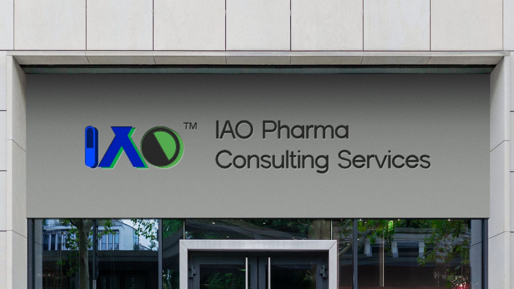 IAO Pharma Consulting Services dimensional logo signage on a building facade