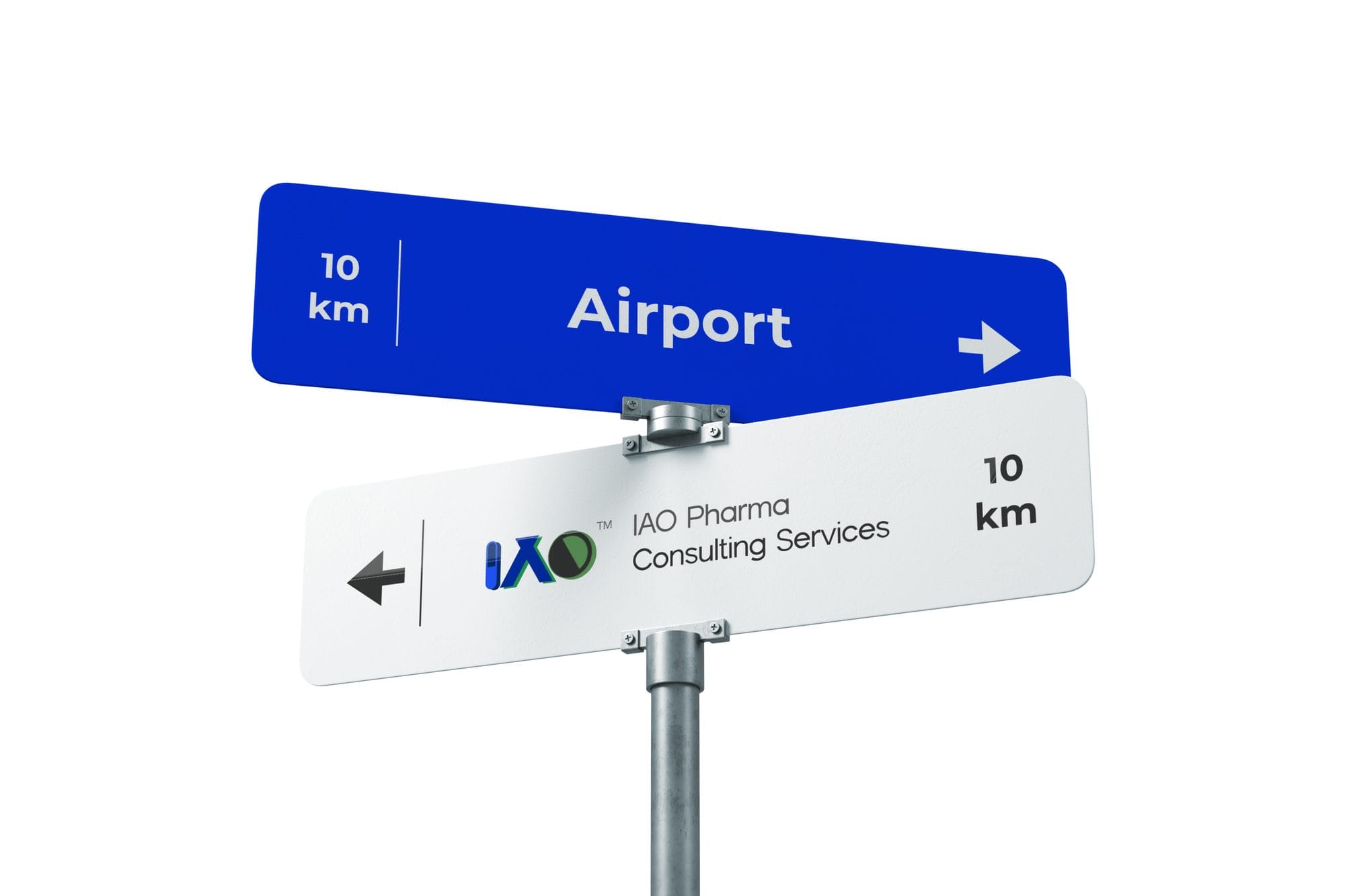 Directional street sign with the IAO logo beneath an airport sign