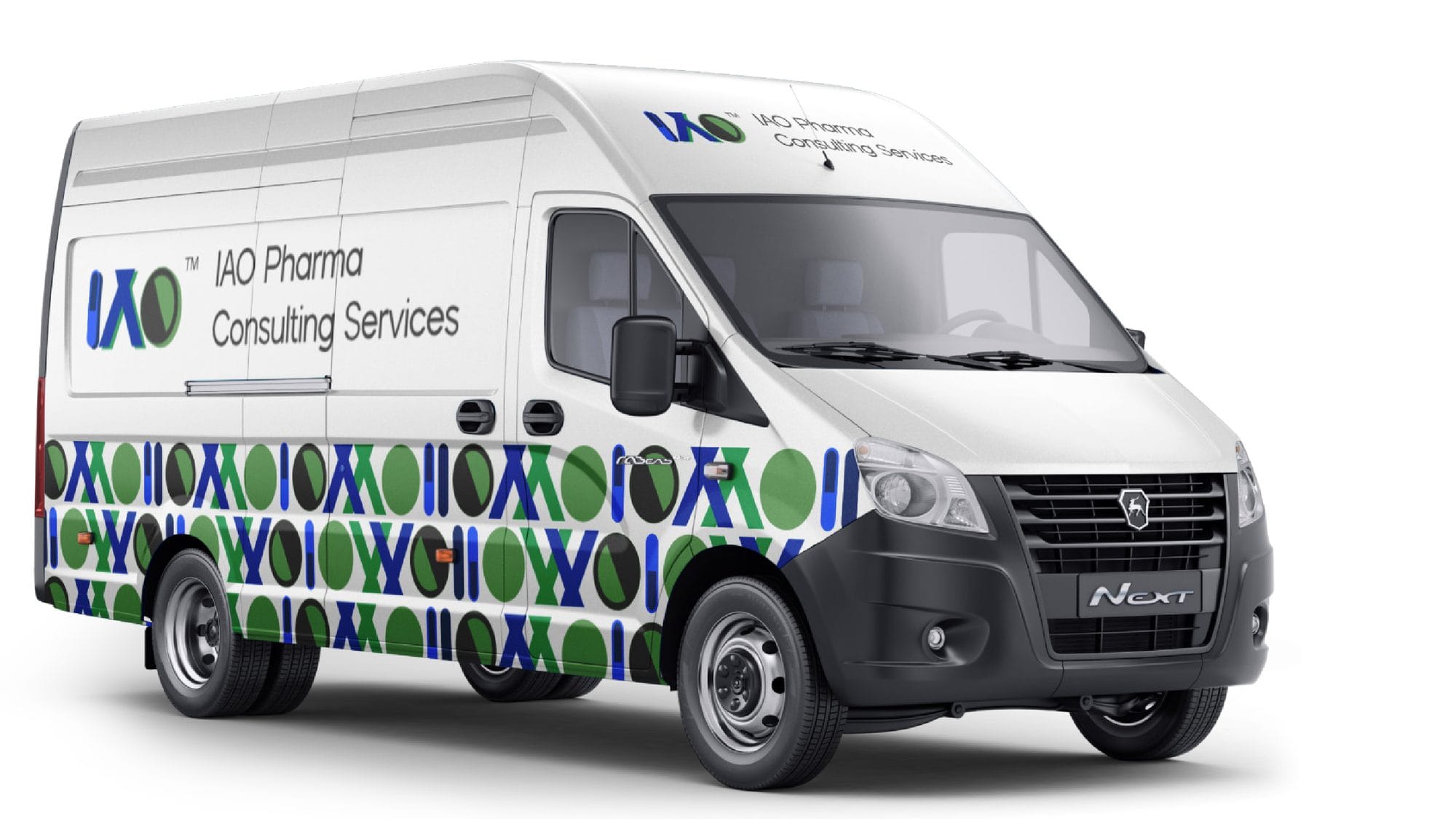 Delivery van wrapped in IAO livery with the logo and pattern band