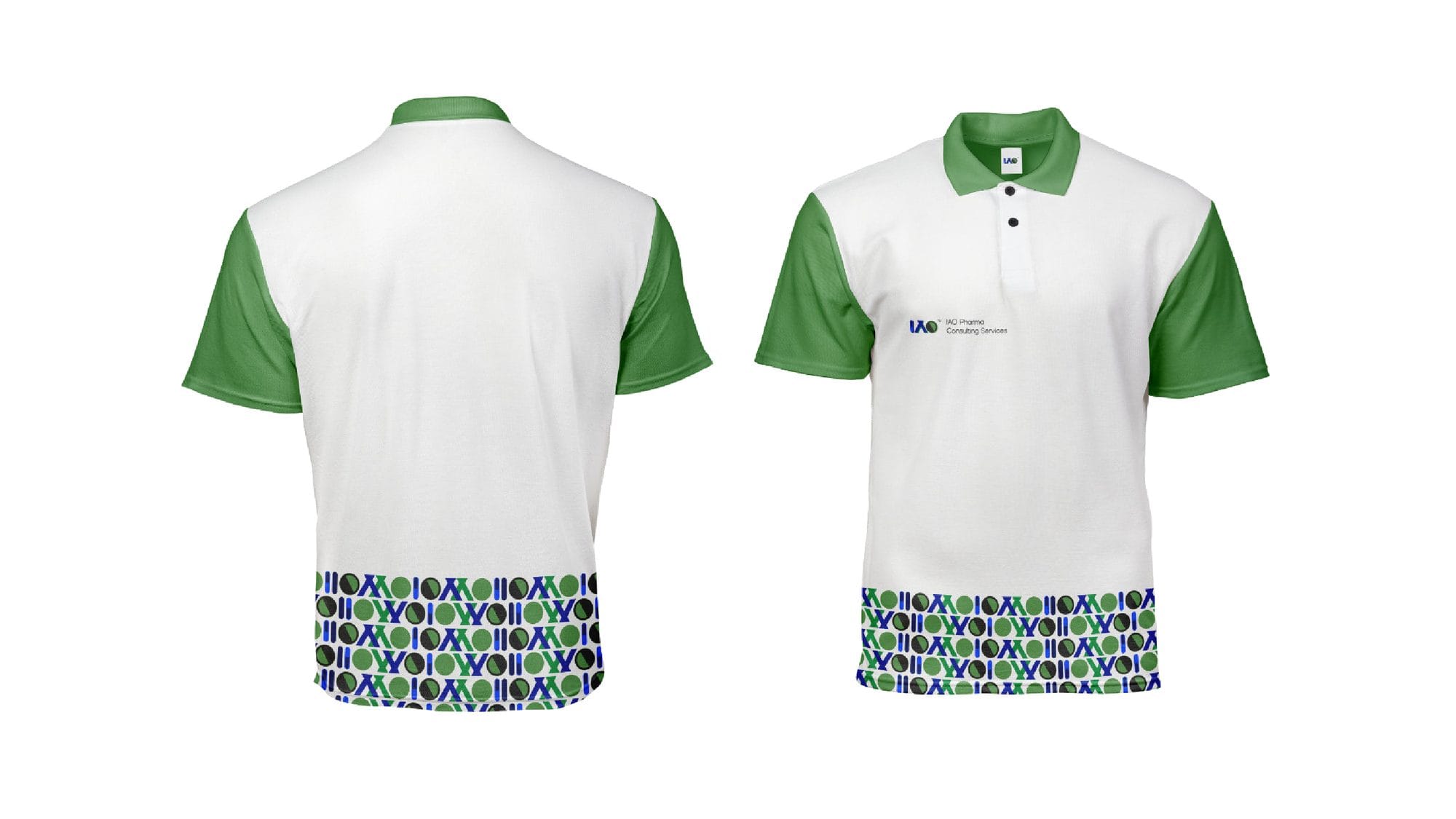 Front and back of a white and green IAO polo shirt with patterned hem
