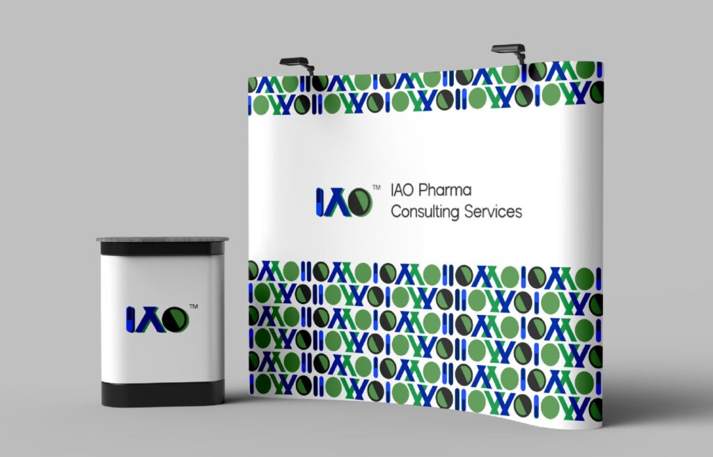 Exhibition pop-up backdrop and counter in the IAO pattern