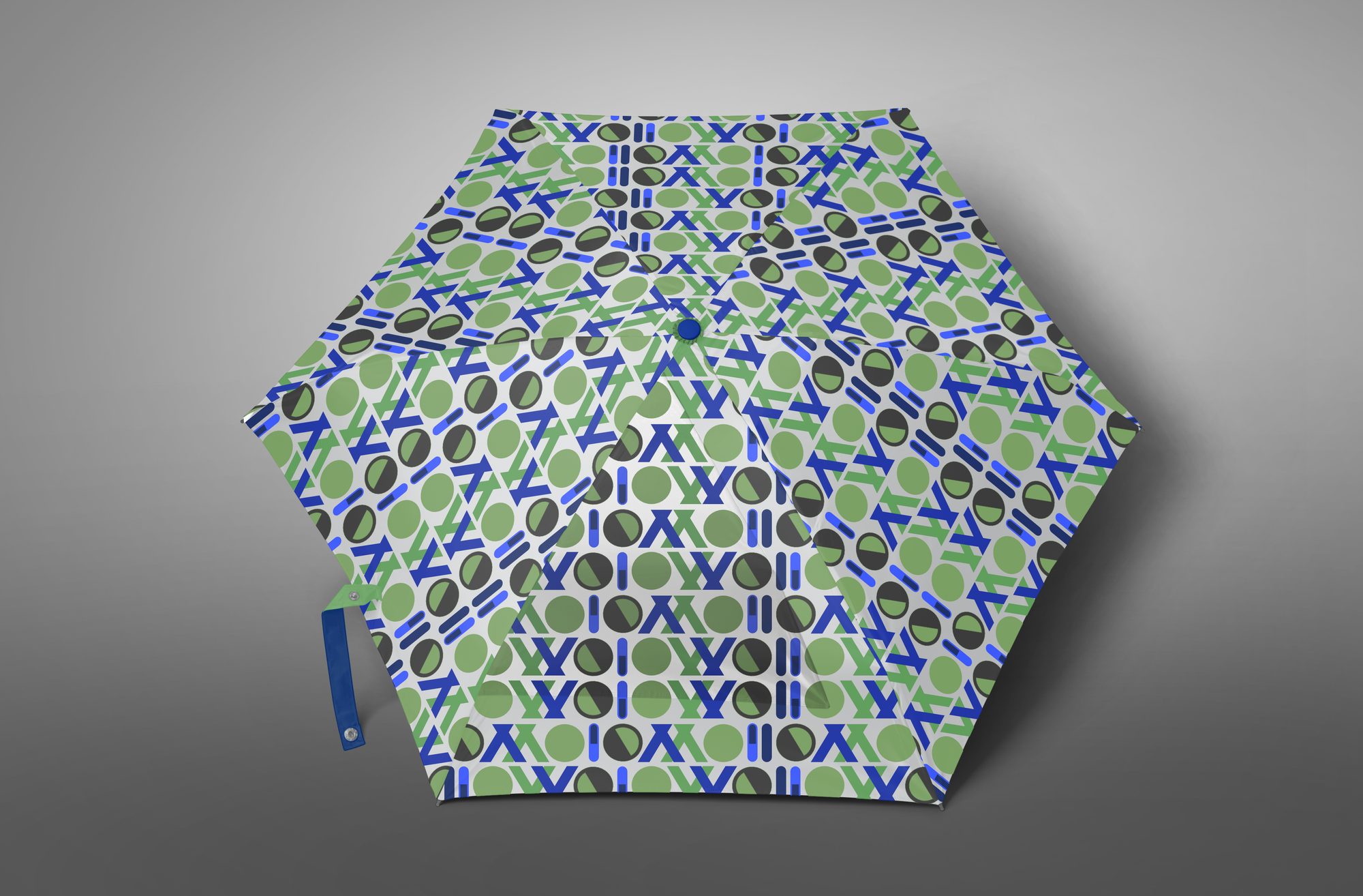 Open pocket umbrella printed with the IAO brand pattern