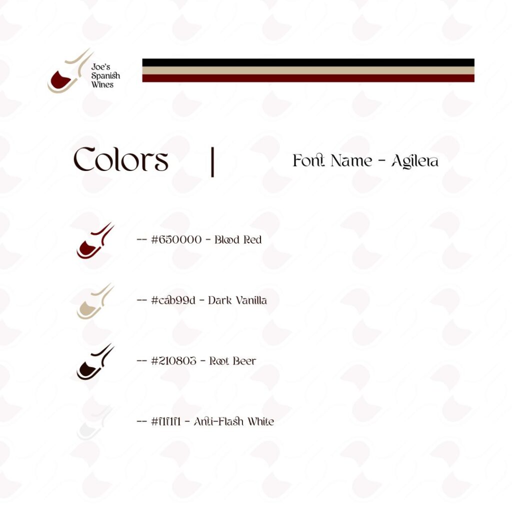 Logo, colour codes (blood red, dark vanilla, root beer, anti-flash white) and Agilera typeface