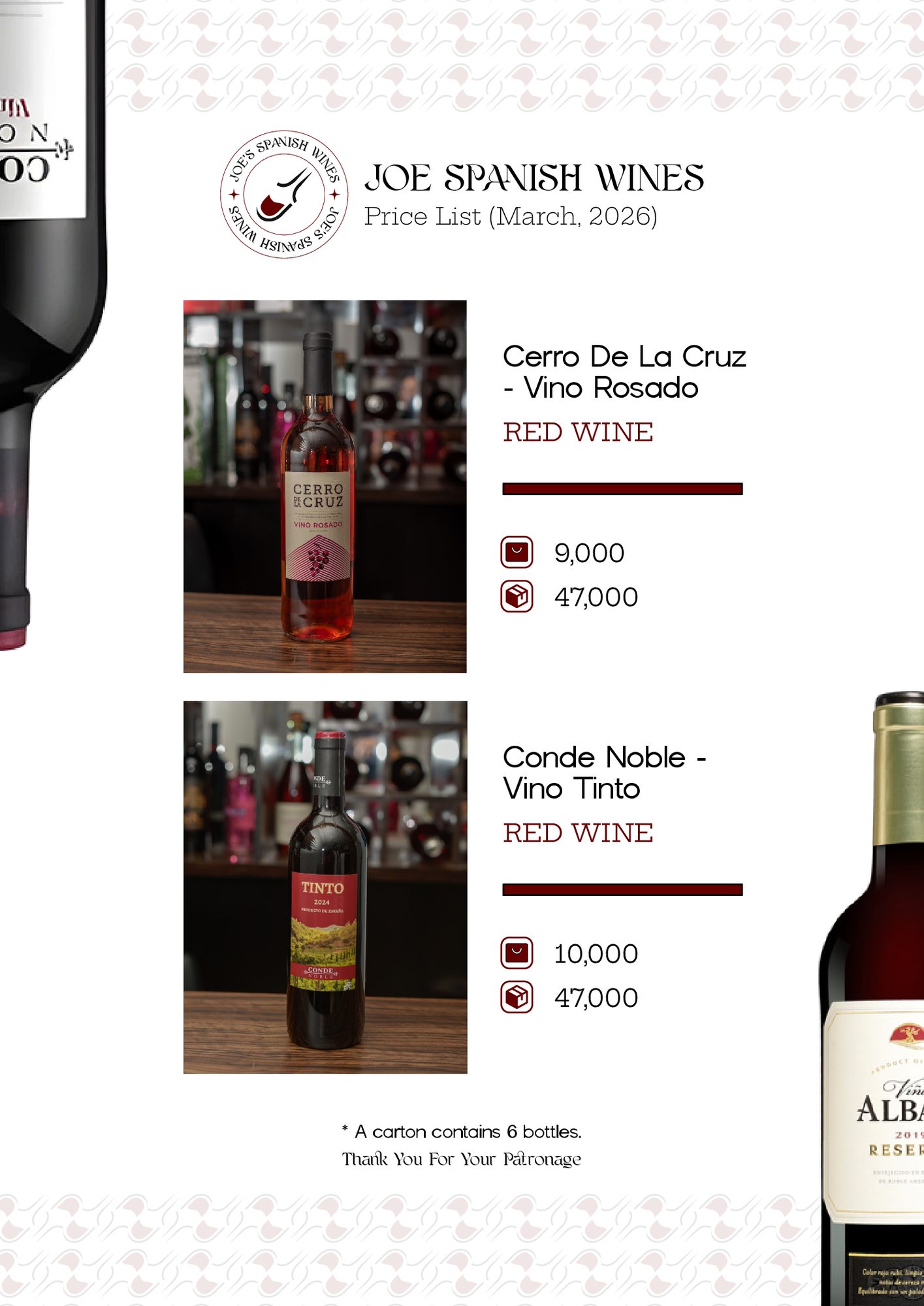 Joe's Spanish Wines price list page (March 2026) with bottle photos and prices