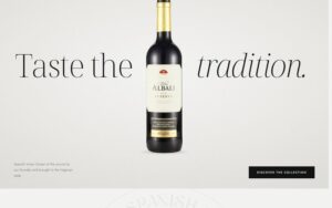 The joespanishwines.com home page: a bottle of Viña Albali Reserva between the words “Taste the tradition”