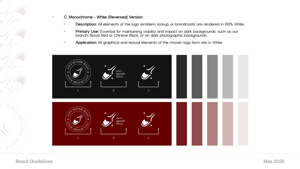 Brand guidelines: the logo on black and on red, with tints