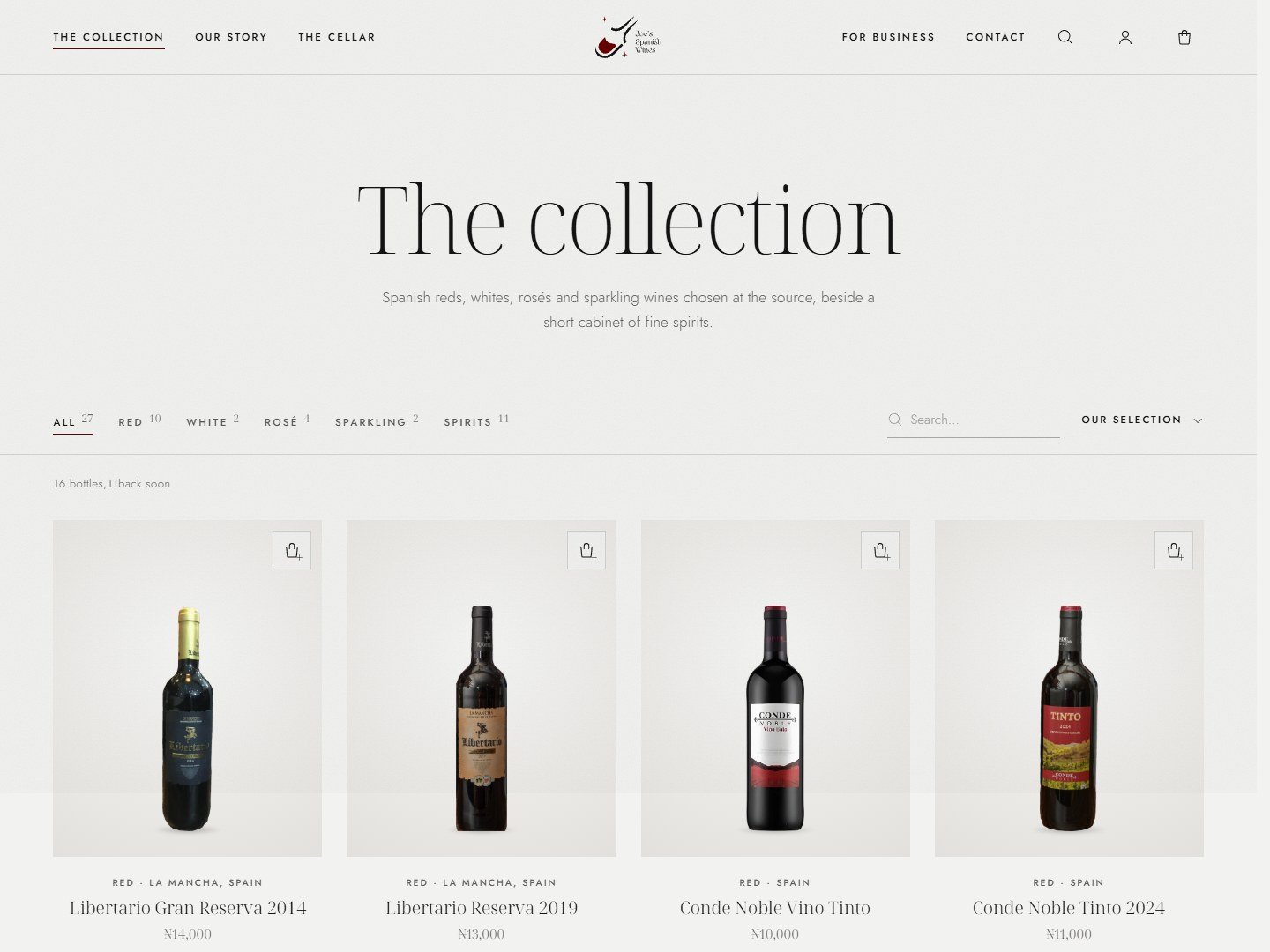 The collection page: the wines by style, each with its price by the bottle