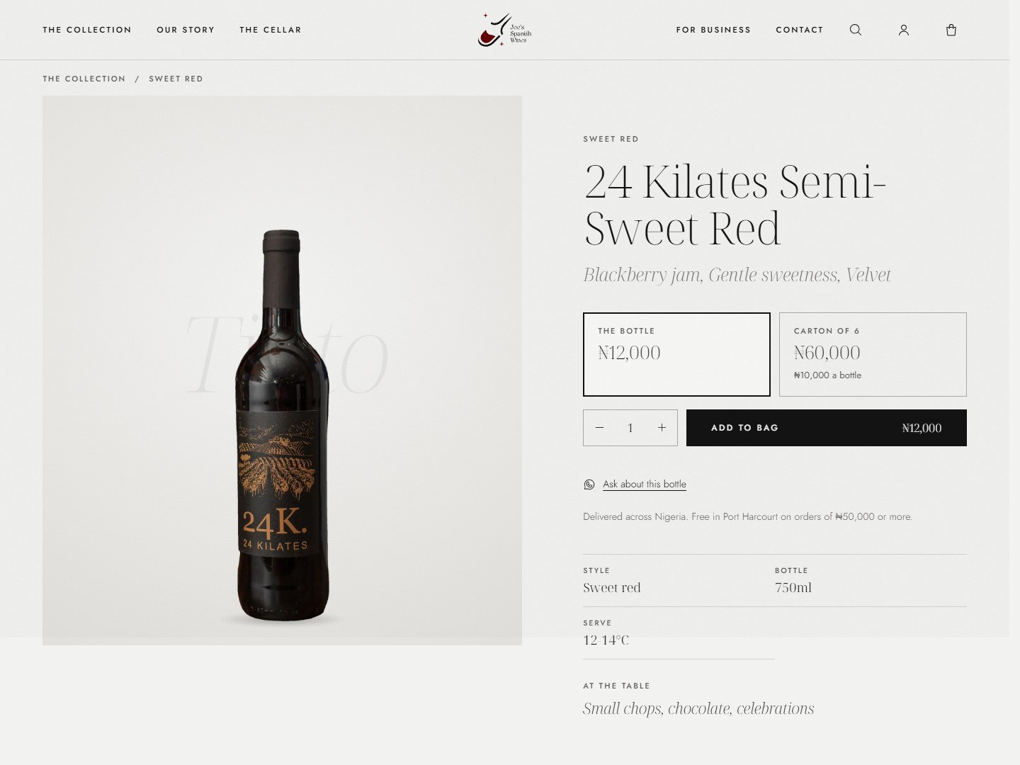 A product page: 24 Kilates Semi-Sweet Red, sold by the bottle or the carton of six