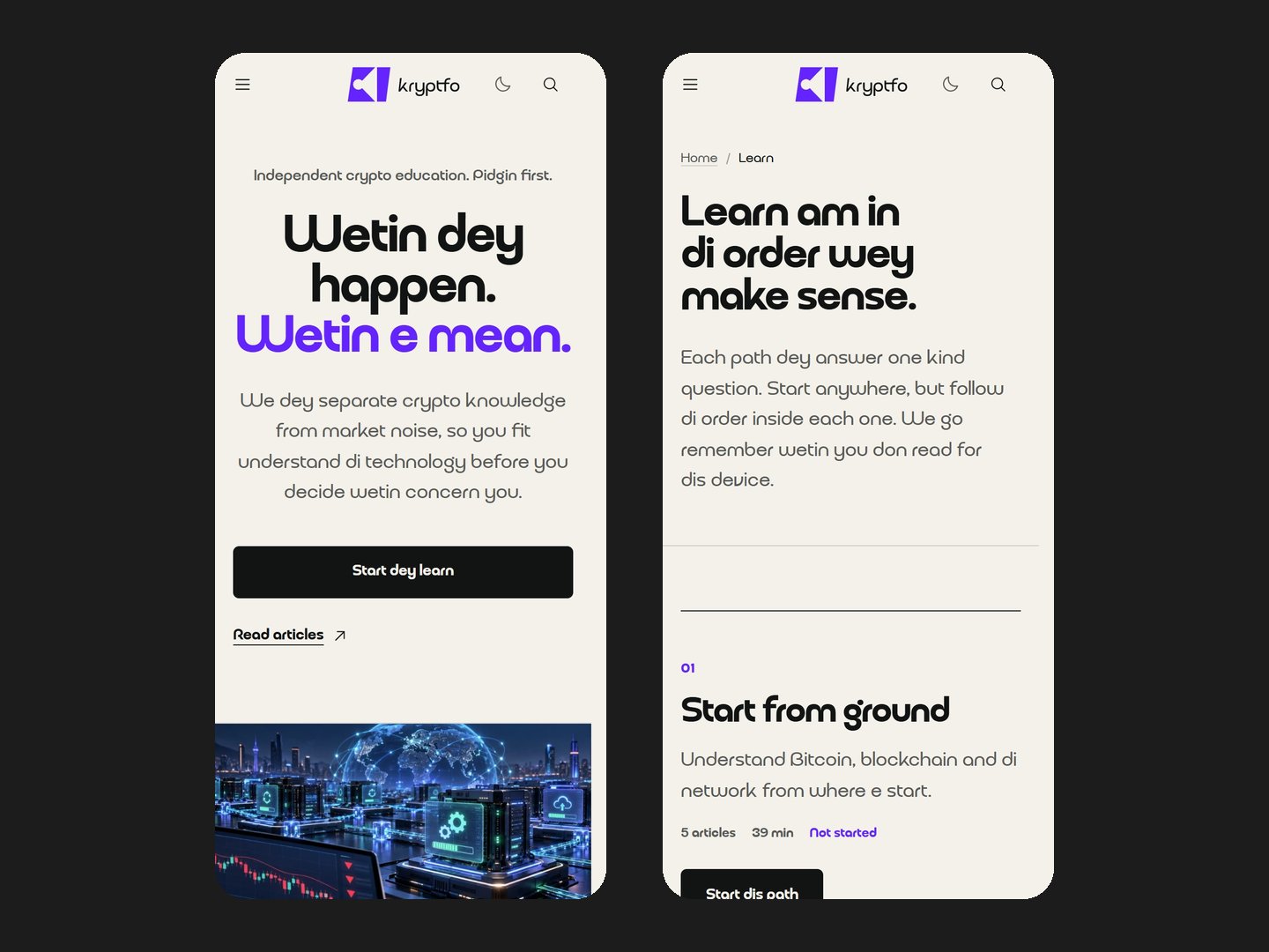 The kryptfo.com home page and its learning paths on a phone
