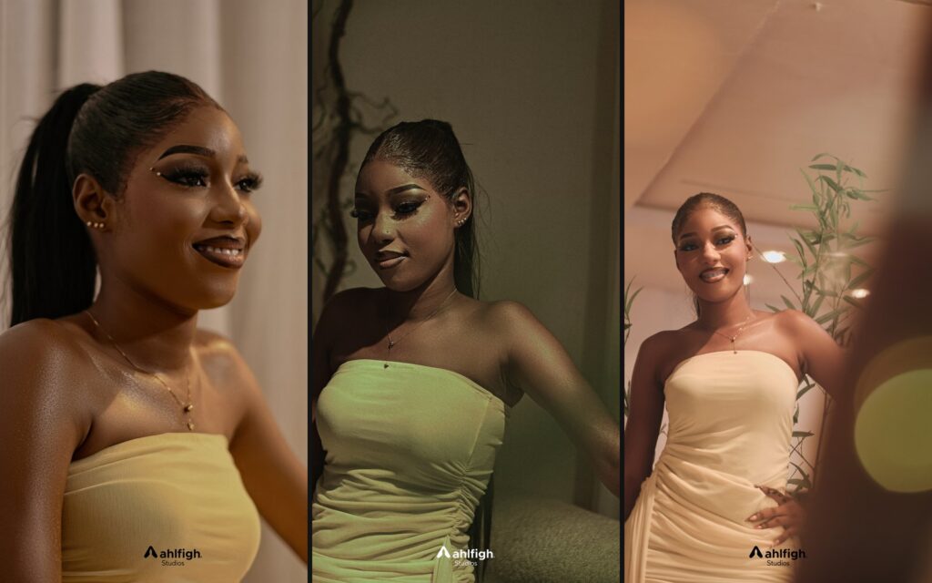 Nikki in a cream strapless dress, three frames from the studio shoot