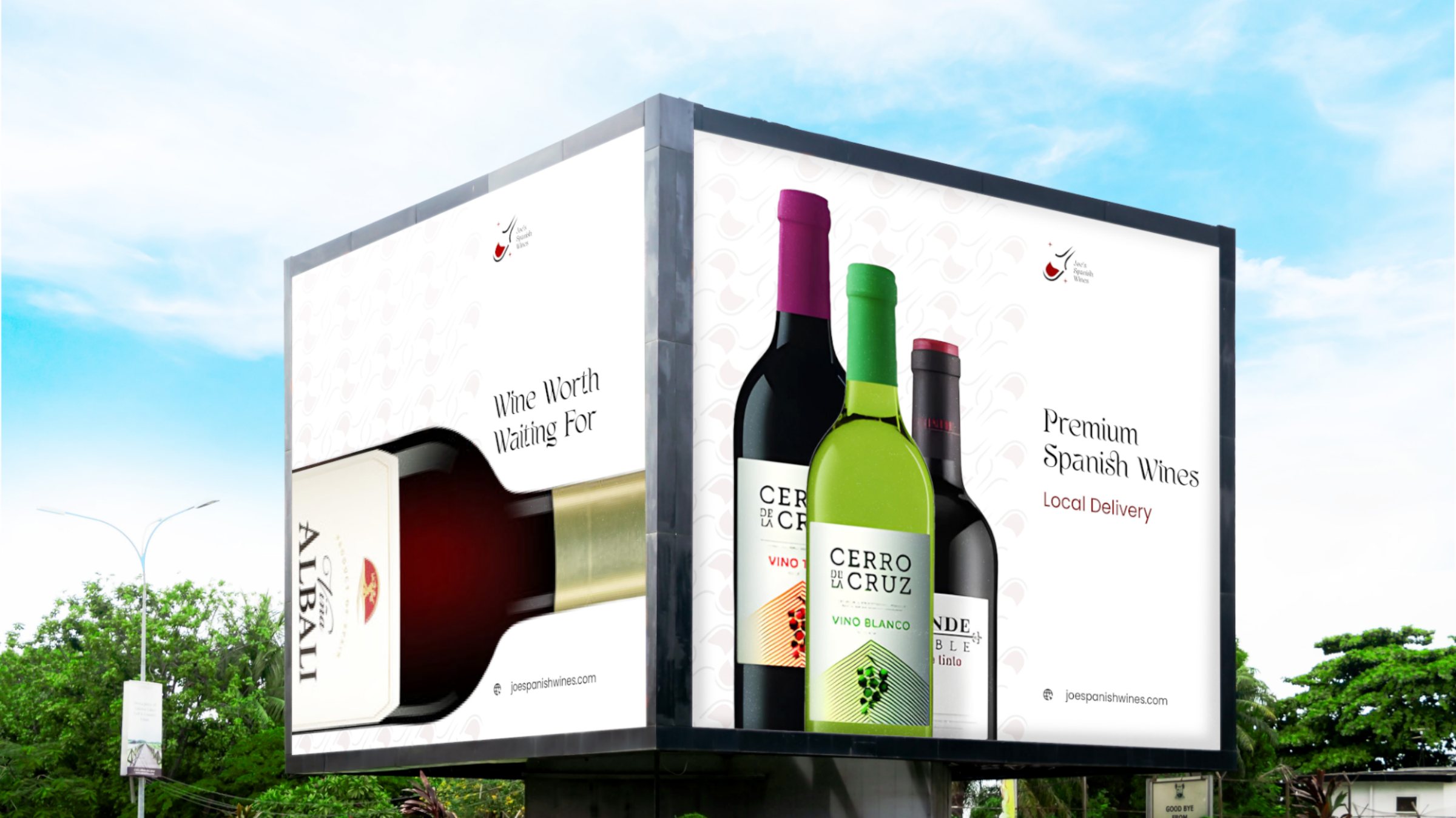 A corner billboard: wine worth waiting for, and premium Spanish wines