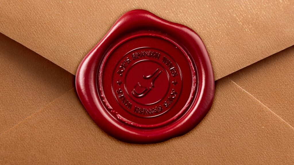 The emblem pressed in a red wax seal on a kraft envelope